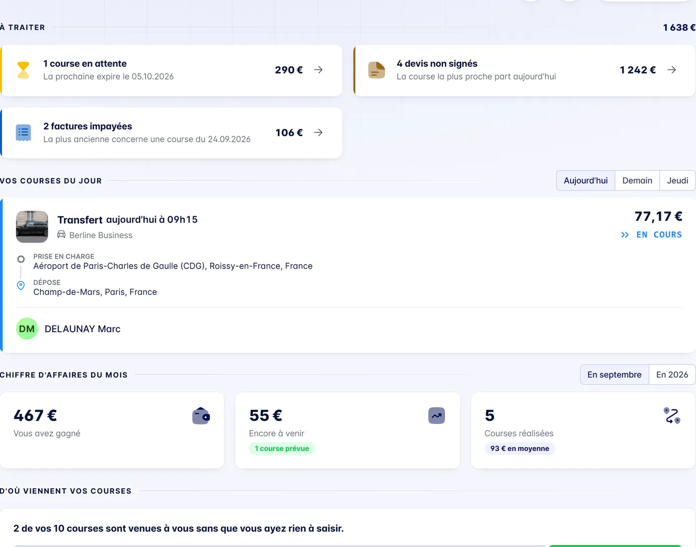 Accueil de l'application priVTC : courses en attente, devis non signés, factures impayées et course du jour