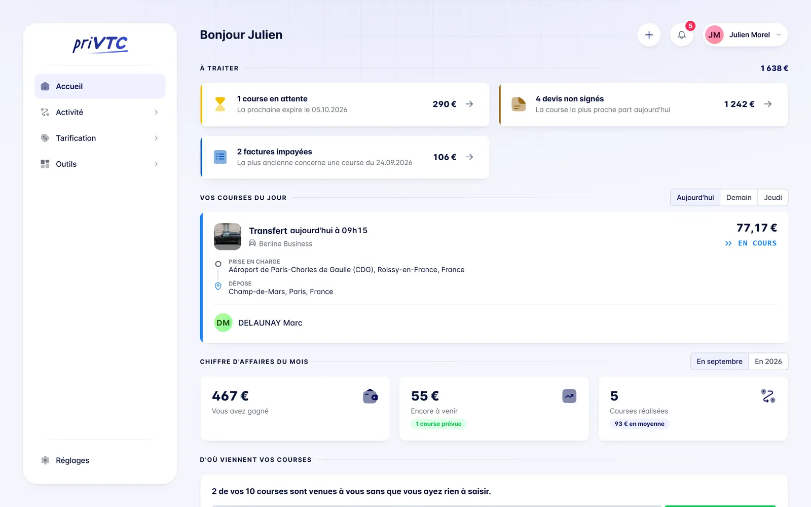 Accueil de l'application priVTC sur ordinateur