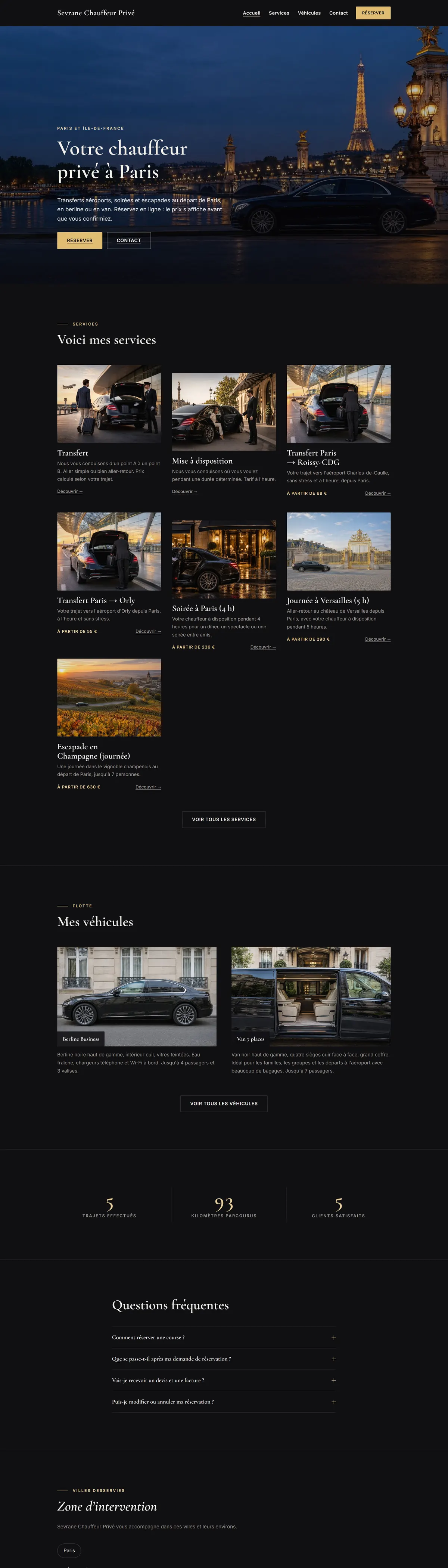 Page d'accueil du site de démo Sevrane Chauffeur Privé, créé avec priVTC