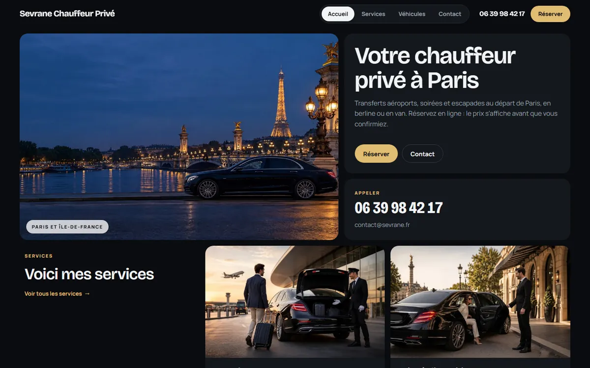 Le site du chauffeur de démo Sevrane avec le thème Bento