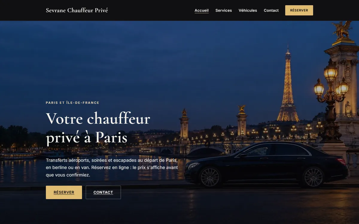 Le site du chauffeur de démo Sevrane avec le thème Élégance
