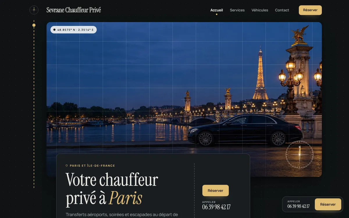 Le site du chauffeur de démo Sevrane avec le thème Méridien
