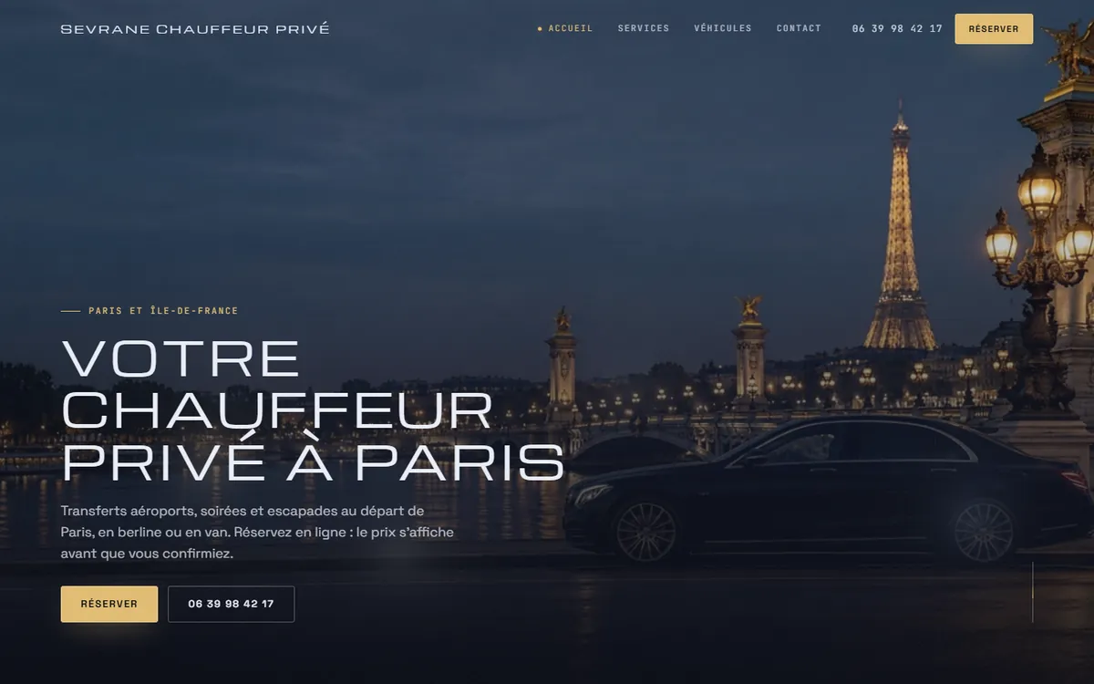 Le site du chauffeur de démo Sevrane avec le thème Nocturne