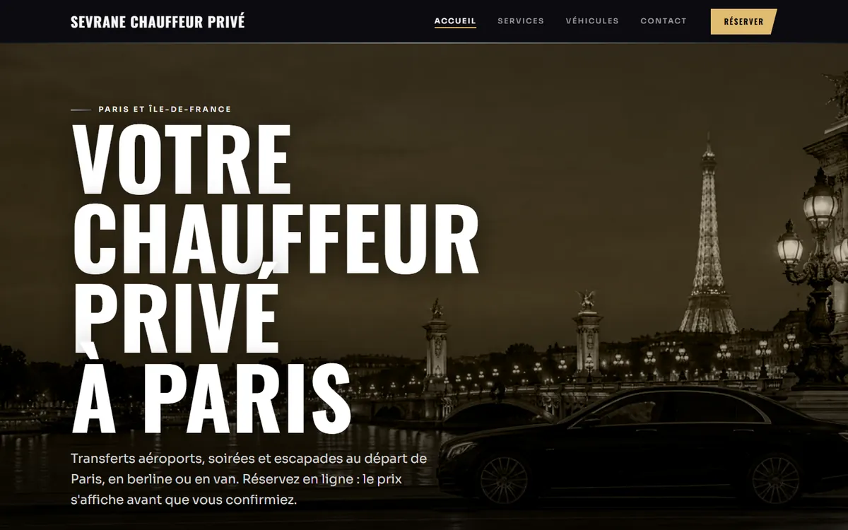 Le site du chauffeur de démo Sevrane avec le thème Onyx
