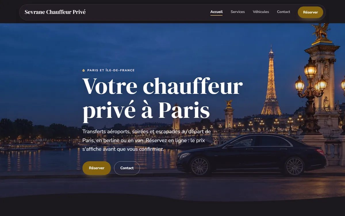 Le site du chauffeur de démo Sevrane avec le thème Pétale