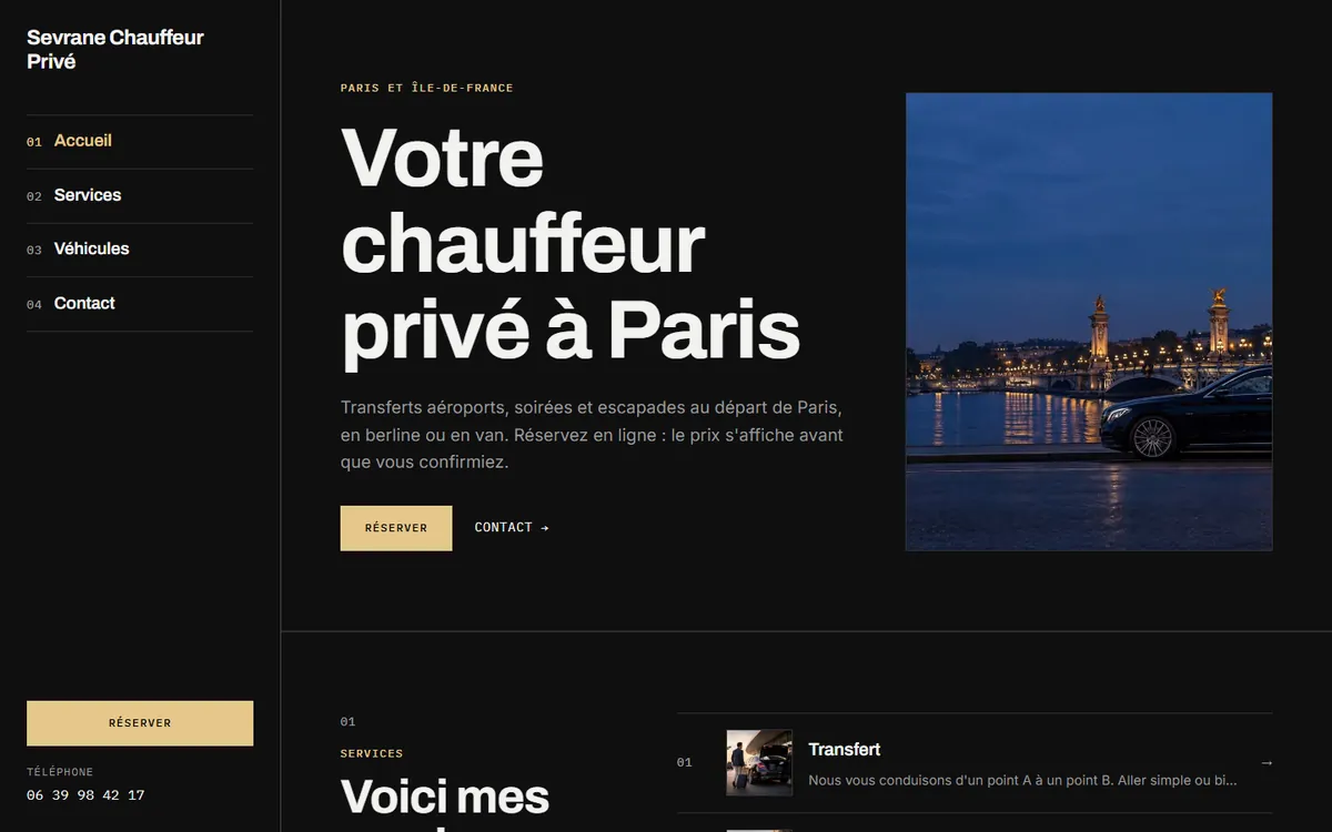 Le site du chauffeur de démo Sevrane avec le thème Studio